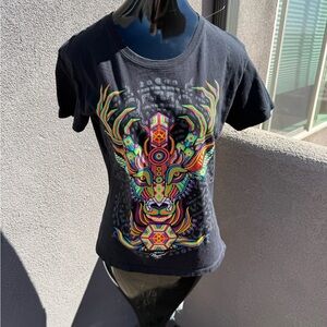 Huichol Art Beaded Deer Spirit Graphic Tee | Black | Nayarit Mexico XG
